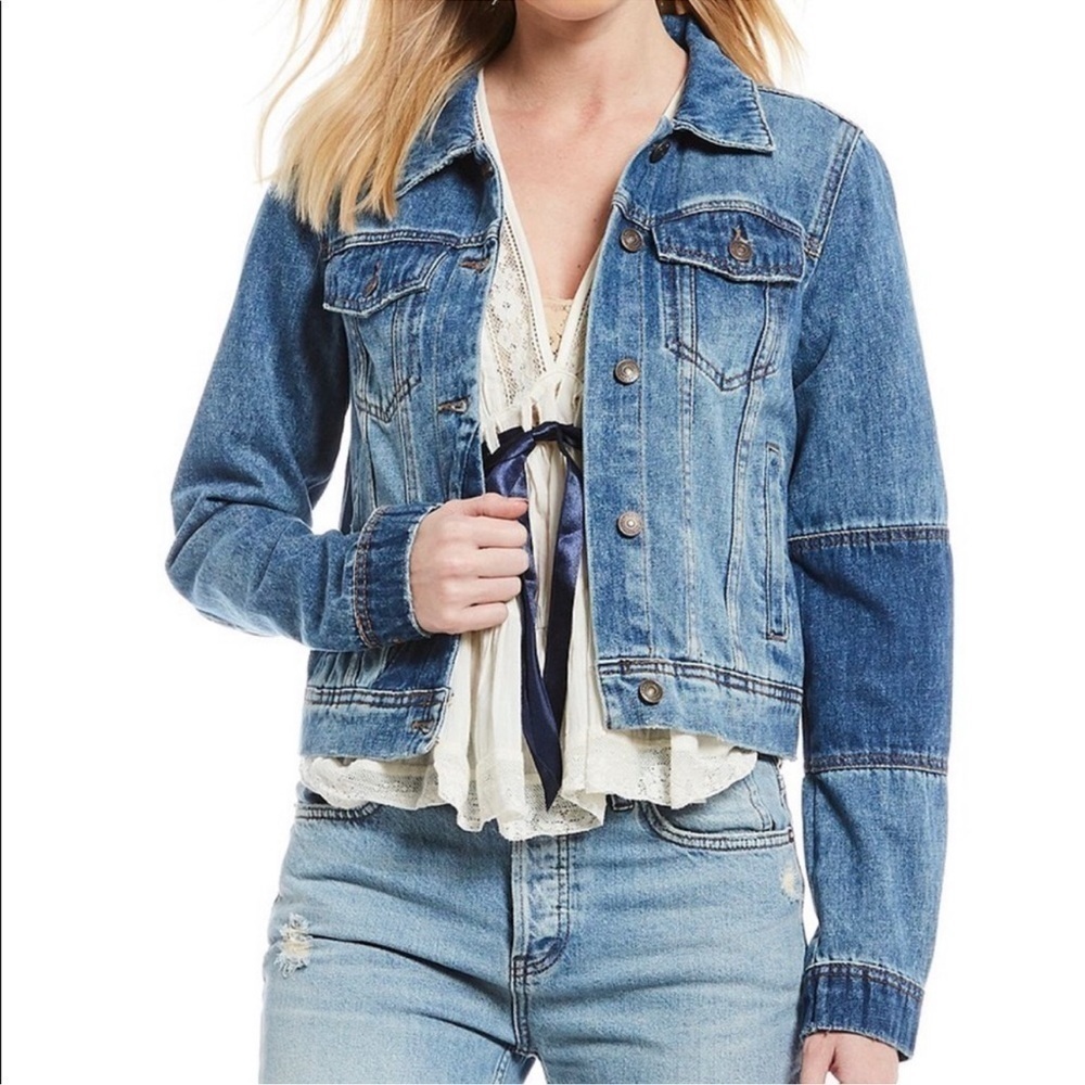 FREE PEOPLE Rumors Denim Jacket Light Indigo Jean Patchwork